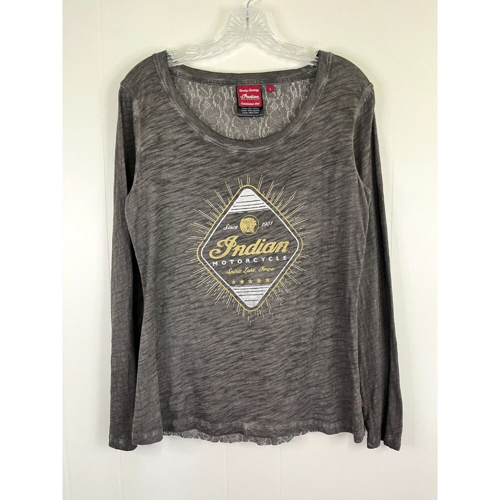 Indian Motorcycles Long Sleeved Tee Small Gray Sheer Lace Back Biker Lightweight